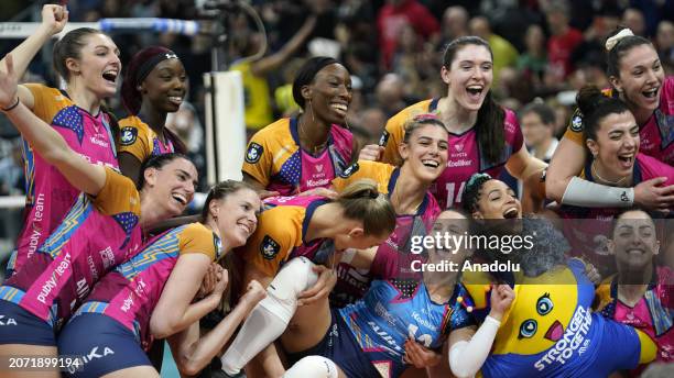 Allianz Vero Volley players celebrate at the end of the match of CEV Champions League Women Volley between Allianz Vero Volley Milano and Fenerbache...