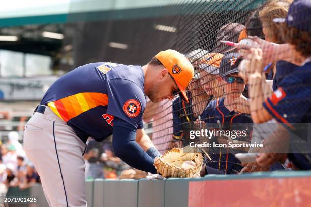 Houston Astros third baseman Alex Bregman signs autographs before the game against the Florida Marlins on March 12 at Roger Dean Chevrolet Stadium in...