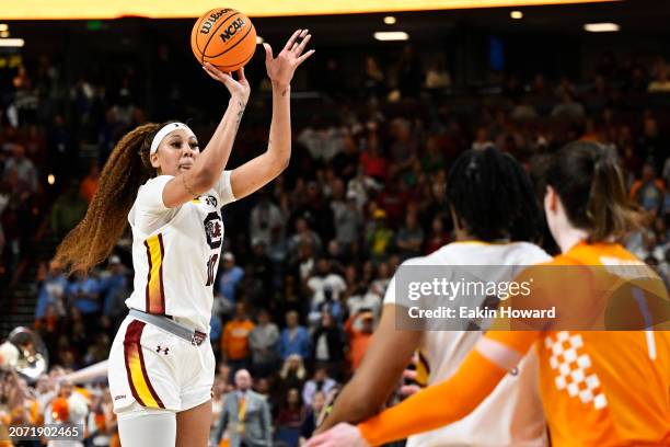 Kamilla Cardoso of the South Carolina Gamecocks hits a buzzer beater three point basket to win their game over the Tennessee Lady Vols in the fourth...