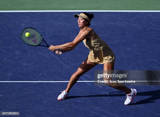 Ena Shibahara returns the ball during a WTA quarterfinals doubles tennis match played on March 12, 2024 during the BNP Paribas Open played at the...