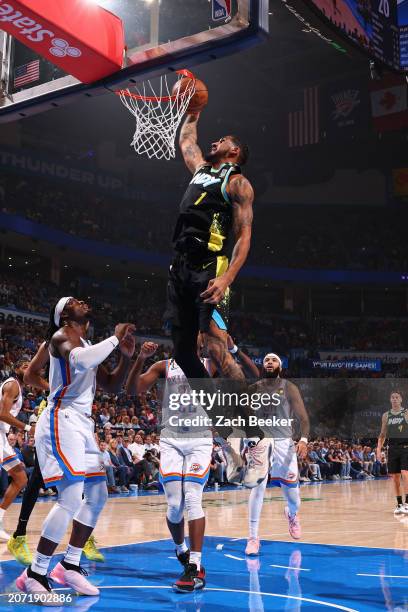 Obi Toppin of the Indiana Pacers dunks the ball during the game against the Oklahoma City Thunder on March 12, 2024 at Paycom Arena in Oklahoma City,...