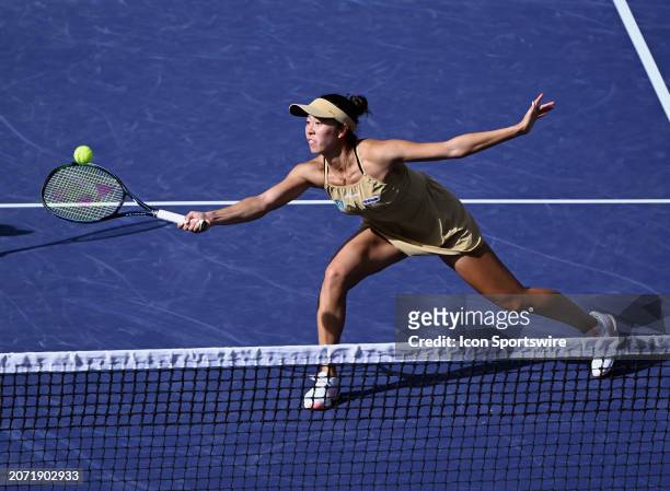 Ena Shibahara returns the ball during a WTA quarterfinals doubles tennis match played on March 12, 2024 during the BNP Paribas Open played at the...