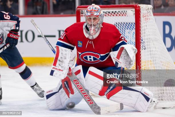 Cayden Primeau of the Montreal Canadiens tends net during the second period of the NHL game between the Columbus Blue Jackets and the Montreal...