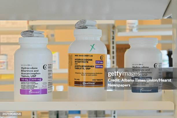 Hydrocodone pills are seen on a shelf at the pharmacy in the Capital South Campus Center on Wednesday, July 25, 2018 in Albany, N.Y. The pharmacy is...