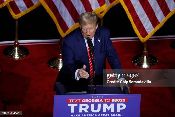 Republican presidential candidate and former U.S. President Donald Trump addresses a campaign rally at the Forum River Center March 09, 2024 in Rome,...