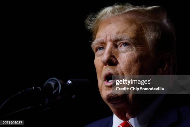 Republican presidential candidate and former U.S. President Donald Trump addresses a campaign rally at the Forum River Center March 09, 2024 in Rome,...