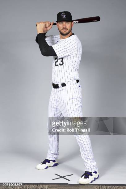 Kris Bryant of the Colorado Rockies poses for a photo during the Colorado Rockies Photo Day at Salt River Fields at Talking Stick on Thursday,...