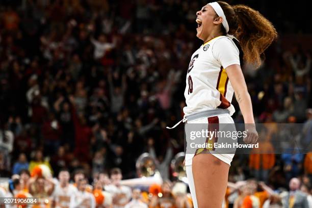 Kamilla Cardoso of the South Carolina Gamecocks celebrates her buzzer beater three point basket to win their game against the Tennessee Lady Vols...