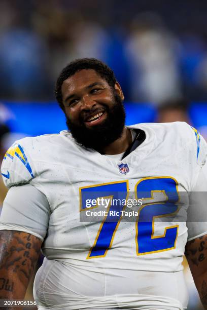 Jerrod Clark of the Los Angeles Chargers walks off the field during a game against the Los Angeles Rams at SoFi Stadium on August 12, 2023 in...