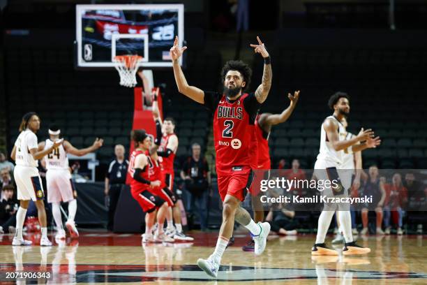 Jalen Harris of the Windy City Bulls celebrates after scoring during the game against the Grand Rapids Gold on March 12, 2024 at NOW Arena in Hoffman...