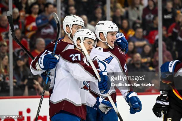 Colorado Avalanche Right Wing Mikko Rantanen celebrates a goal with teammates during the first period of an NHL game between the Calgary Flames and...
