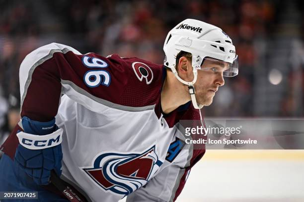 Colorado Avalanche Right Wing Mikko Rantanen gets ready for a faceoff during the second period of an NHL game between the Calgary Flames and the...