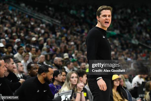 Utah Jazz head coach Will Hardy looks on during the first half of a game against the Boston Celtics at Delta Center on March 12, 2024 in Salt Lake...