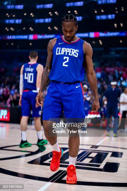 Kawhi Leonard of the LA Clippers looks on during the game against the Minnesota Timberwolves on March 12, 2024 at Crypto.Com Arena in Los Angeles,...