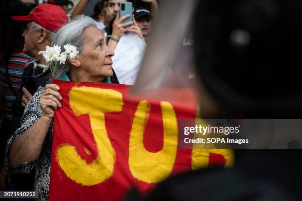 Pensioner with flowers in her hair holds a banner in front of the police cordon during the demonstration against Javier Milei's proposed Omnibus law....