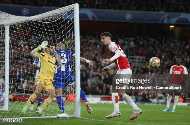 Arsenal's Kai Havertz fails to connect with a cross during the UEFA Champions League 2023/24 round of 16 second leg match between Arsenal FC and FC...