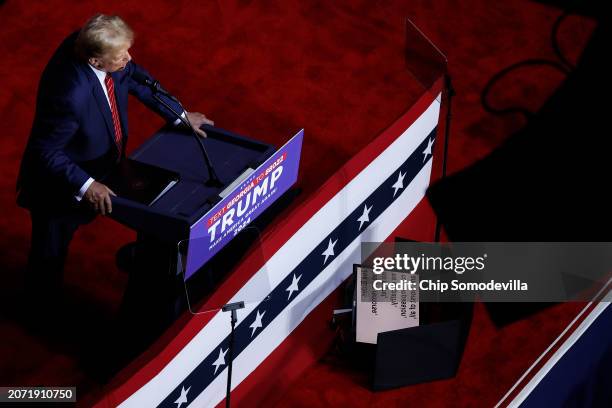 Republican presidential candidate and former U.S. President Donald Trump addresses a campaign rally at the Forum River Center March 09, 2024 in Rome,...