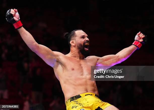 Michel Pereira of Brazil reacts after his submission victory against Michal Oleksiejczuk of Poland in a middleweight fight during the UFC 299 event...