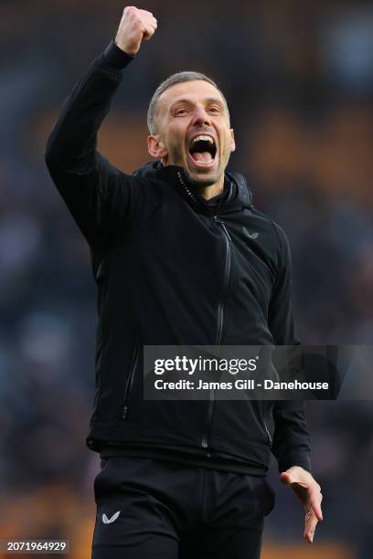 Gary O'Neil, manager of Wolverhampton Wanderers, celebrates after the Premier League match between Wolverhampton Wanderers and Fulham FC at Molineux...