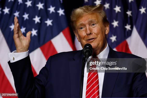 Republican presidential candidate and former U.S. President Donald Trump addresses a campaign rally at the Forum River Center March 09, 2024 in Rome,...