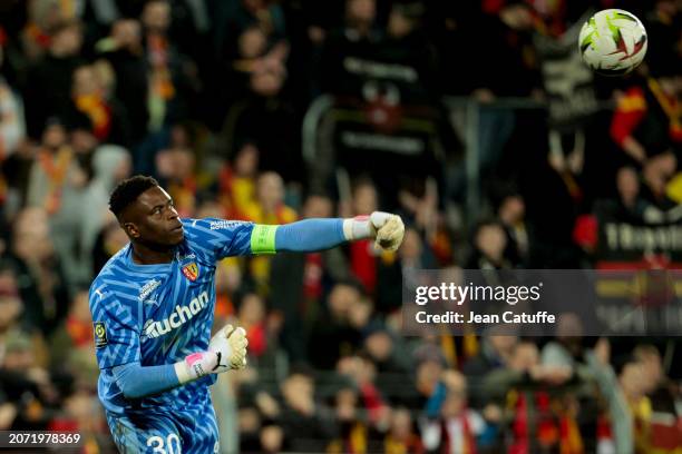 Lens goalkeeper Brice Samba in action during the Ligue 1 Uber Eats match between RC Lens and Stade Brestois 29 at Stade Bollaert-Delelis on March 9,...