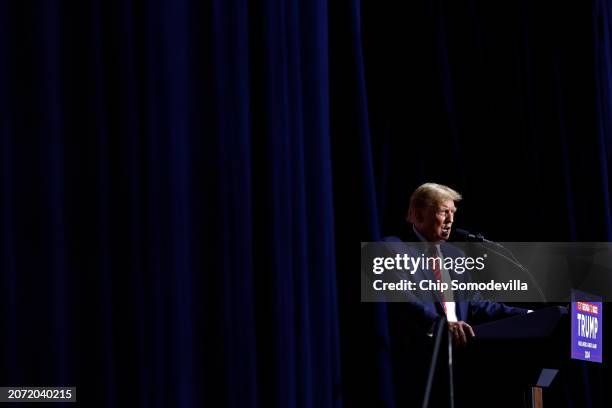 Republican presidential candidate and former U.S. President Donald Trump addresses a campaign rally at the Forum River Center March 09, 2024 in Rome,...