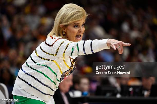 Head coach Kim Mulkey of the LSU Lady Tigers yells to her team against the Ole Miss Rebels in the second quarter during the semifinals of the SEC...