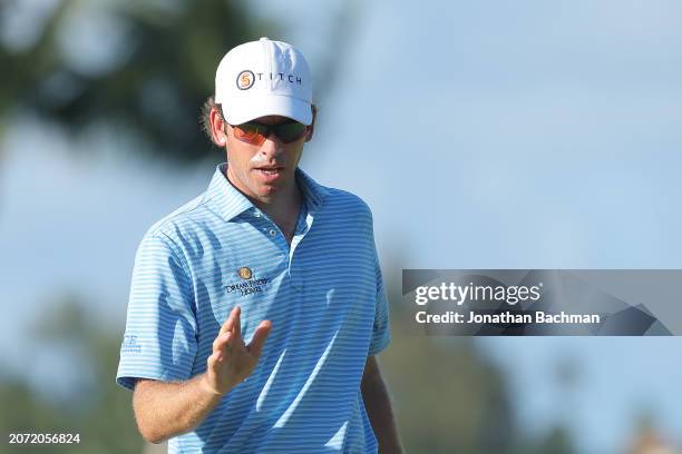 Ben Kohles of the United States reacts after making birdie on the 18th green during the third round of the Puerto Rico Open at Grand Reserve Golf...