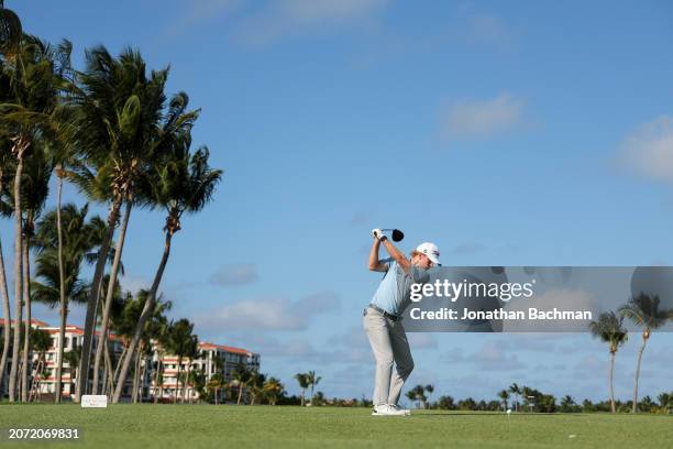 Jimmy Stanger of the United States plays his shot from the 14th tee during the third round of the Puerto Rico Open at Grand Reserve Golf Club on...