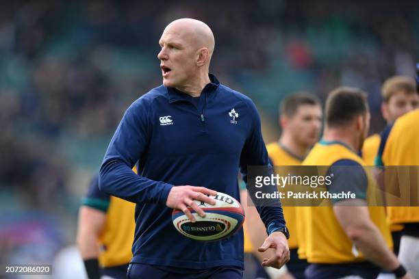 Paul O'Connell, Ireland Forwards Coach, looks on before the Guinness Six Nations 2024 match between England and Ireland at Twickenham Stadium on...