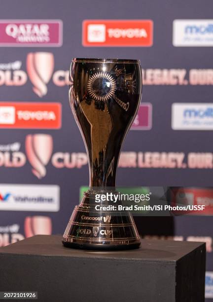 The W Gold Cup trophy sits in the press conference room after USWNT training at Snapdragon Stadium on March 9, 2024 in San Diego, California.