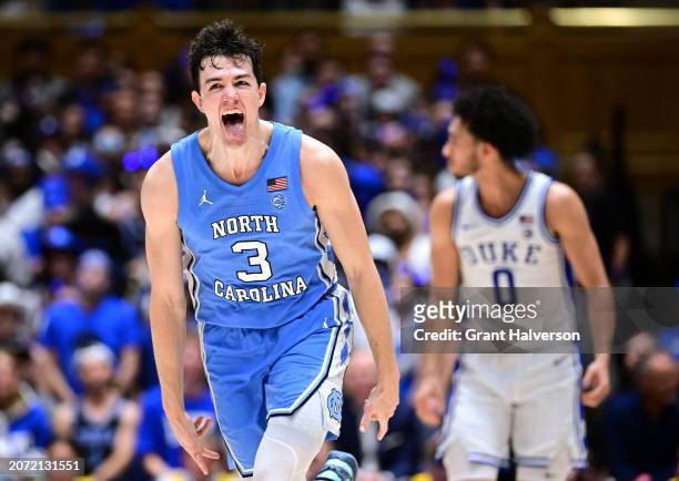 Cormac Ryan of the North Carolina Tar Heels reacts after making a three-point basket against the Duke Blue Devilsduring the second half of the game...
