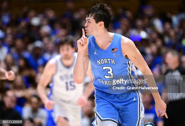 Cormac Ryan of the North Carolina Tar Heels reacts after making a three-point basket against the Duke Blue Devils during the second half of the game...