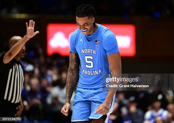 Armando Bacot of the North Carolina Tar Heels celebrates during the final seconds of a win Duke Blue Devils at Cameron Indoor Stadium on March 09,...