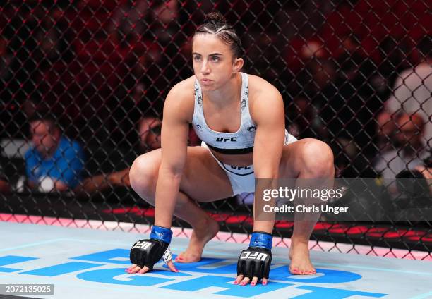 Maycee Barber prepares to face Katlyn Cerminara in a flyweight fight during the UFC 299 event at Kaseya Center on March 09, 2024 in Miami, Florida.