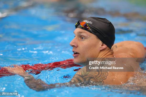 Caeleb Dressel reacts after competing the Men's 100 Meter Freestyle Final on Day 4 of the TYR Pro Swim Series Westmont at FMC Natatorium on March 09,...