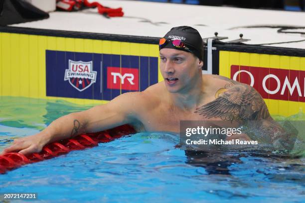 Caeleb Dressel reacts after competing the Men's 100 Meter Freestyle Final on Day 4 of the TYR Pro Swim Series Westmont at FMC Natatorium on March 09,...