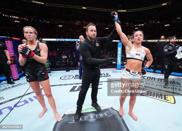 Maycee Barber reacts after her unanimous-decision victory against Katlyn Cerminara in a flyweight fight during the UFC 299 event at Kaseya Center on...