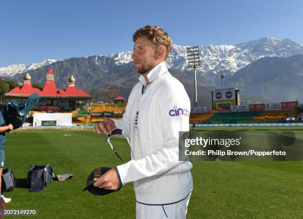 Joe Root of England looks on during day three of the 5th Test Match between India and England at Himachal Pradesh Cricket Association Stadium on...