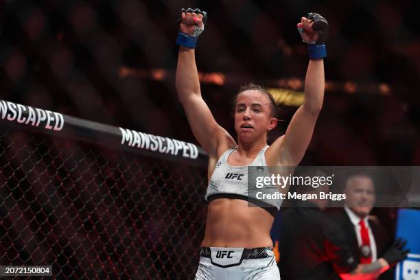 Maycee Barber reacts after defeating Katlyn Cerminara in their women's flyweight bout at UFC 299 at Kaseya Center on March 09, 2024 in Miami, Florida.