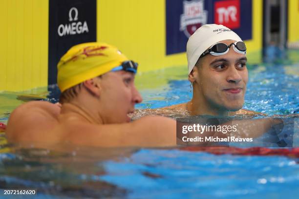 Chase Kalisz reacts after tying with Hugo González de Oliveira of Spain in the Men's 200 Meter IM Final on Day 4 of the TYR Pro Swim Series Westmont...