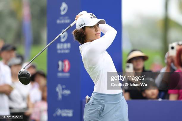 Albane Valenzuela of Switzerland hits a tee shot on 1st hole during the final round of the Blue Bay LPGA at Jian Lake Blue Bay Golf Course on March...