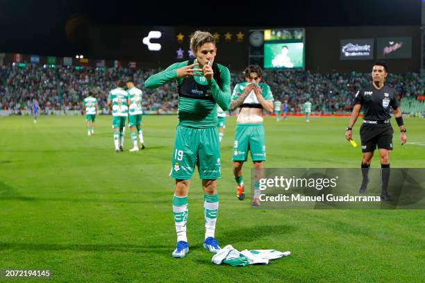 Santiago Muñoz of Santos celebrates with teammates after scoring the team's third goal during the 8th round match between Santos Laguna and Mazatlan...