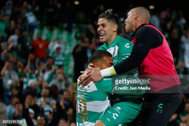 Franco Fagundez of Santos celebrates with Santiago Munoz after scoring the team's second goal during the 11th round match between Santos Laguna and...