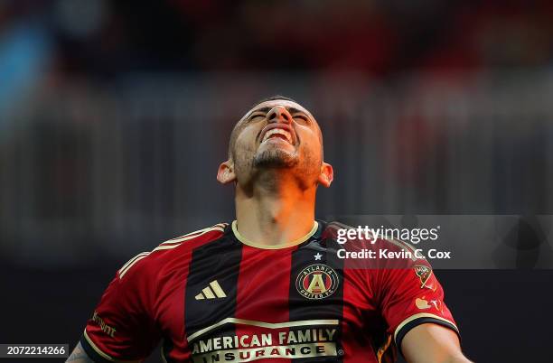 Giorgos Giakoumakis of Atlanta United reacts after scoring his second goal of his hat trick in the match against the New England Revolution during...