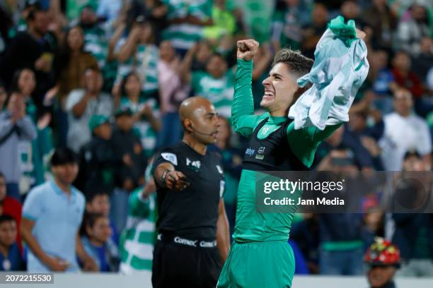 Santiago Munoz of Santos celebrates after scoring the team's third goal during the 11th round match between Santos Laguna and Cruz Azul as part of...