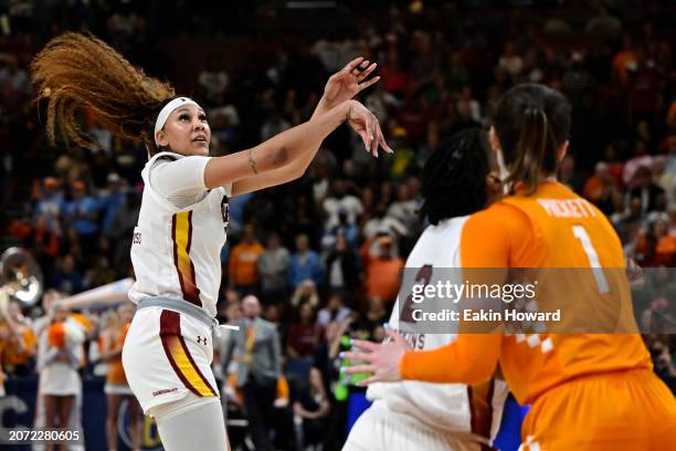 Kamilla Cardoso of the South Carolina Gamecocks hits a buzzer beater three point basket to win their game over the Tennessee Lady Vols in the fourth...
