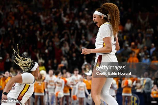 Kamilla Cardoso of the South Carolina Gamecocks celebrates with Te-Hina Paopao after her buzzer beater three point basket to win their game against...