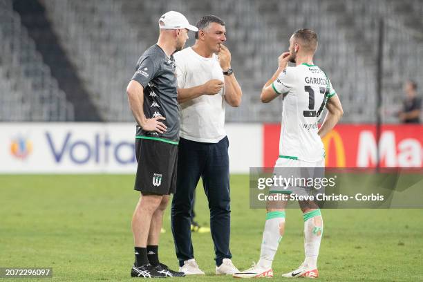 John Aloisi coach of Western United talks to Ben Garuccio about having his tooth knocked out during the A-League Men round 20 match between Western...