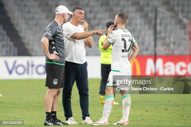 John Aloisi coach of Western United talks to Ben Garuccio about having his tooth knocked out during the A-League Men round 20 match between Western...